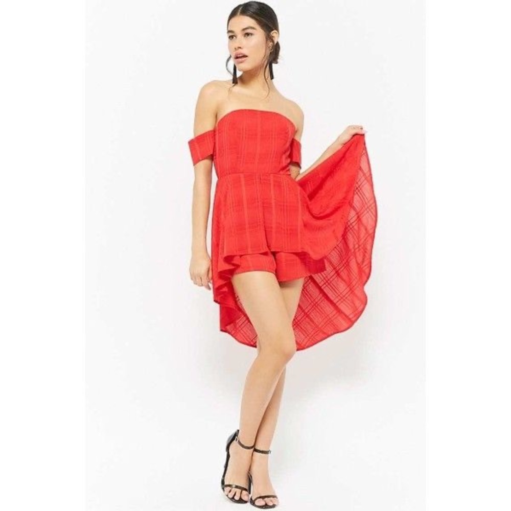 Forever 21 Red Open-Shoulder Grid Romper